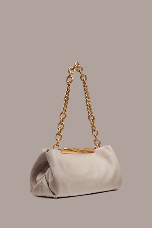 Gathered Lamb Leather Magnetic Bar Chain Strap Clutch Bag