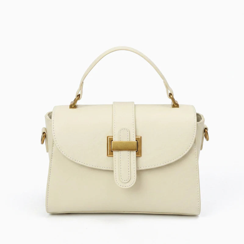 Smooth Vegan Leather Lock Flap Structured Top Handle Bag